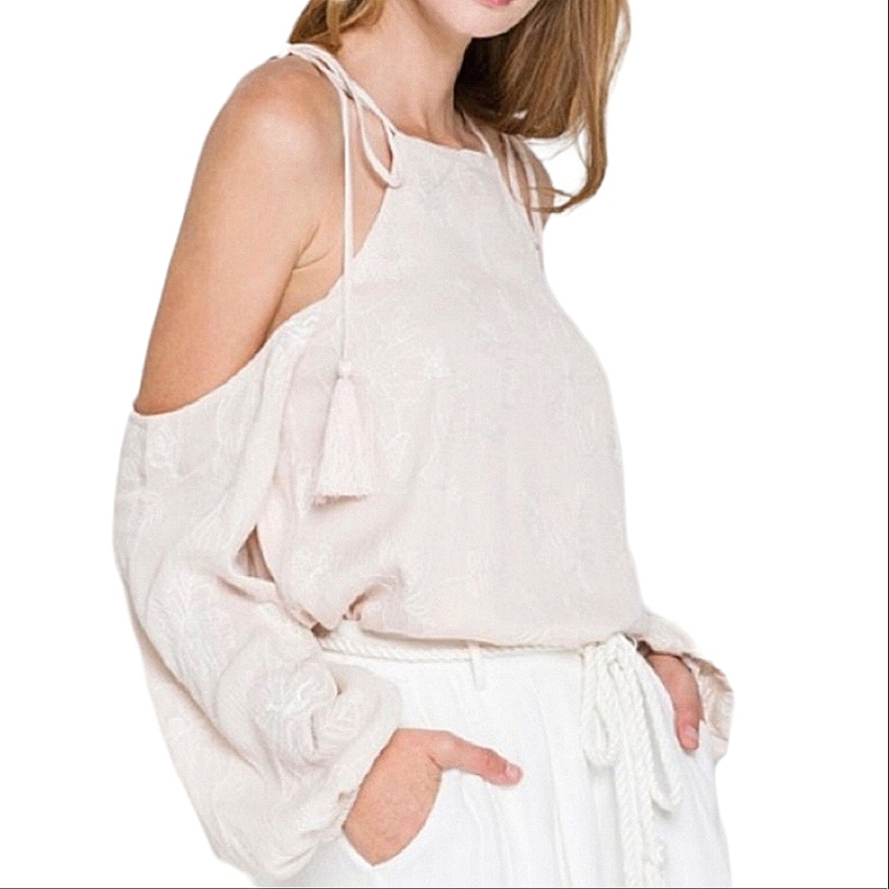 FREE THE ROSES Embroidered Floral Cutout Cold Shoulder Long Sleeve Tassel Top